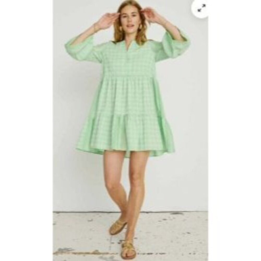 Cecilie Copenhagen $325 Julia Green Diamond Bell Sleeve Shift Mini Dress Small N